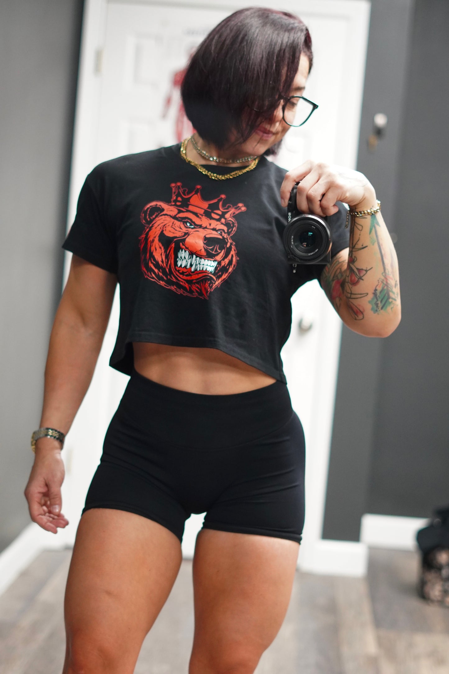 Women Bear With Crown Red Print crop top