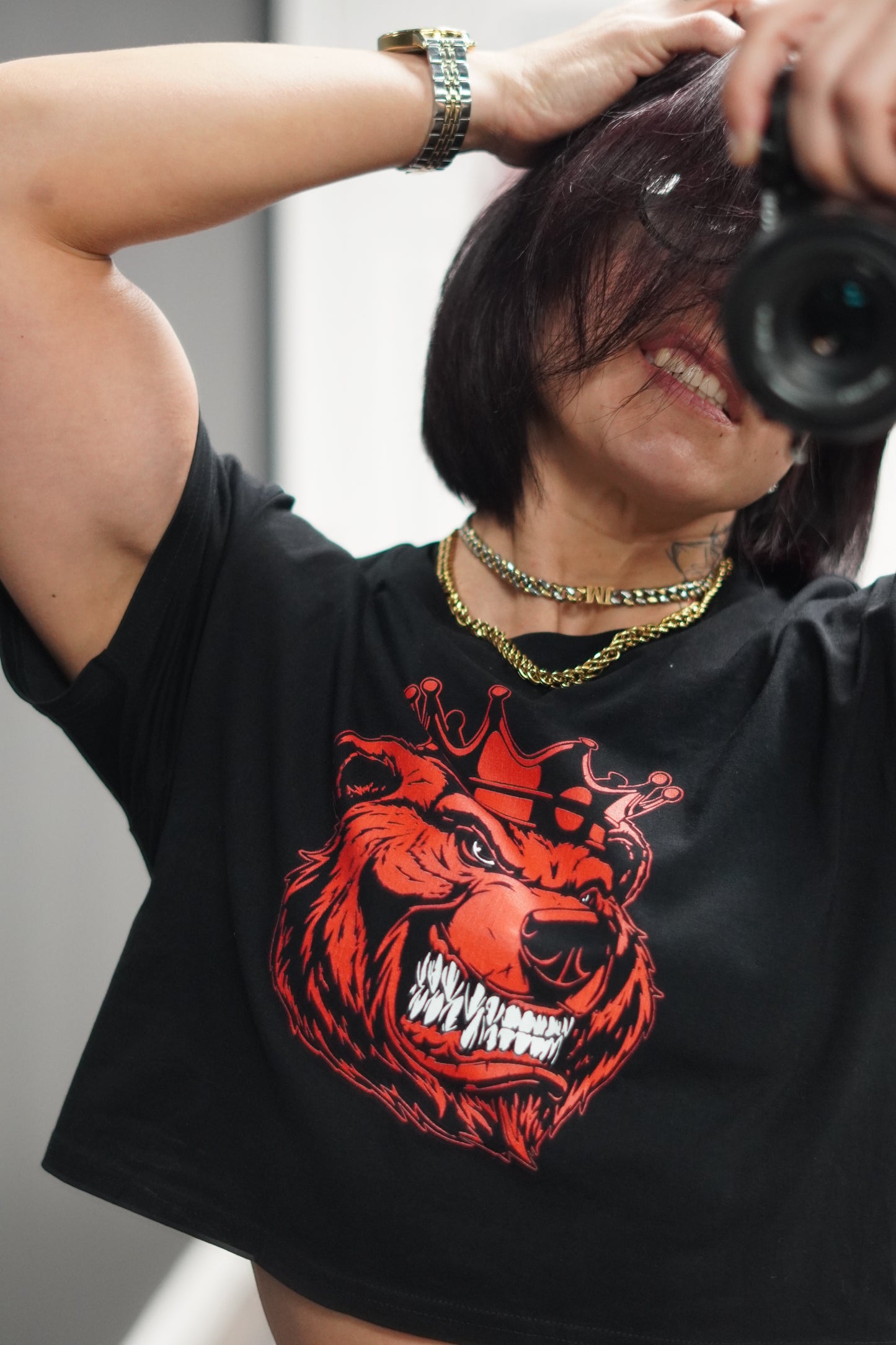 Women Bear With Crown Red Print crop top