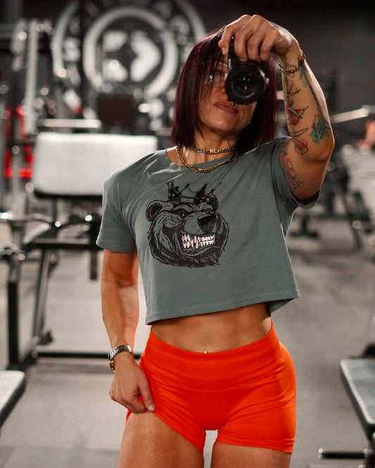 Women Black Print Bear With Crown crop top - Bearclothing 