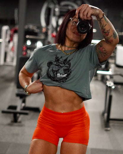 Women Black Print Bear With Crown crop top - Bearclothing 