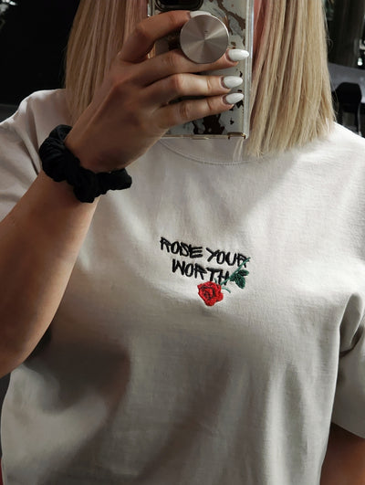 Oversized Rose Your Worth Embroidery Oversized faded t-shirt.