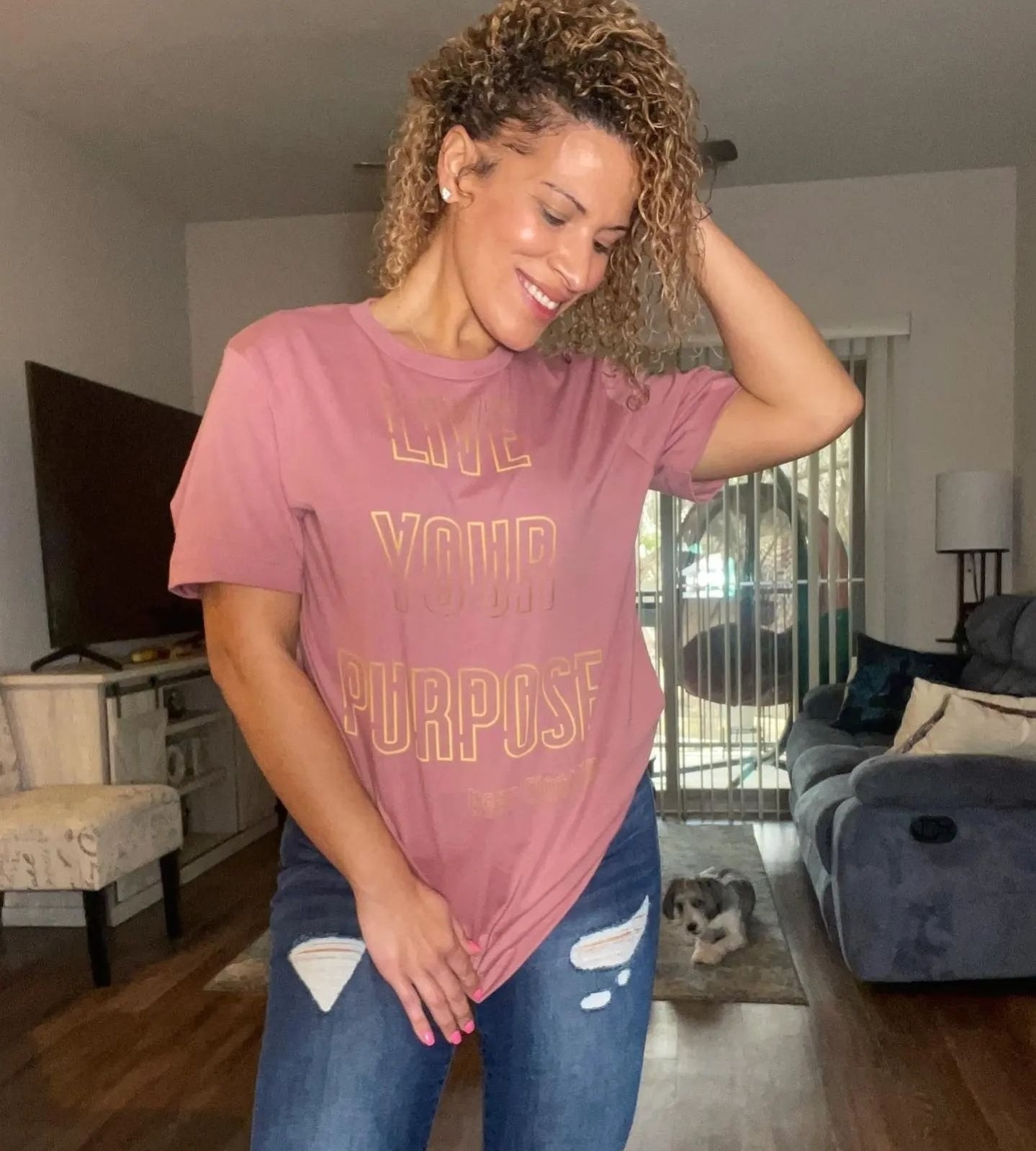 25$ Gold Live Your Purpose Print Premium Tee Ladies