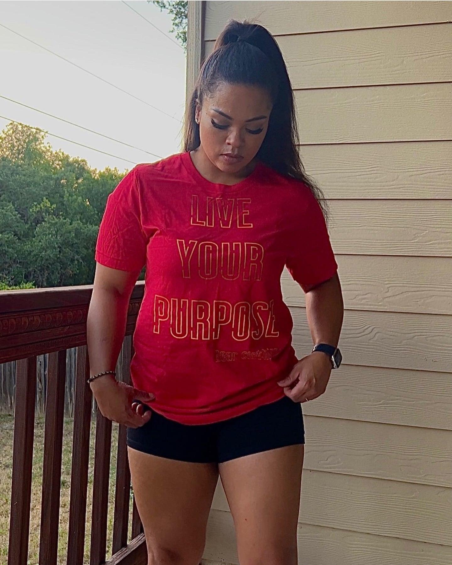 25$ Gold Live Your Purpose Print Premium Tee Ladies