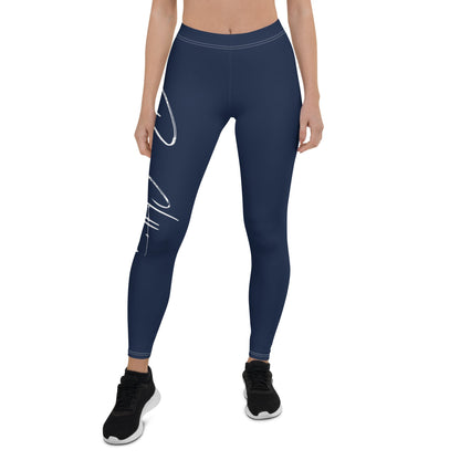 Yoga Navy with White Signature Print Squat Proof Leggings - Bearclothing