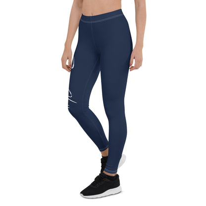 Yoga Navy with White Signature Print Squat Proof Leggings - Bearclothing