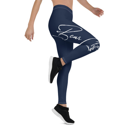 Yoga Navy with White Signature Print Squat Proof Leggings - Bearclothing