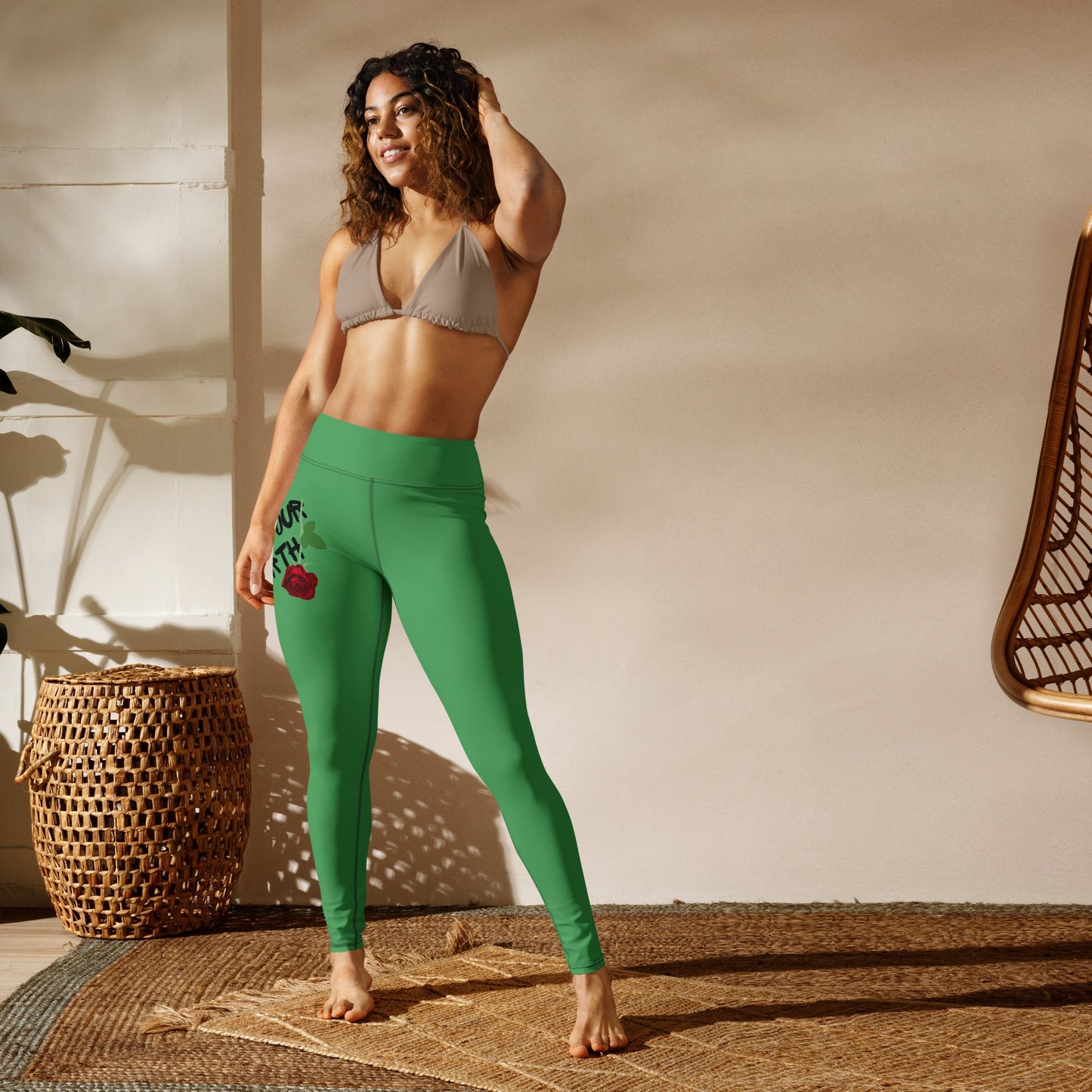 Yoga Chateau Green Rose Your Worth High Wist Leggings - Bearclothing