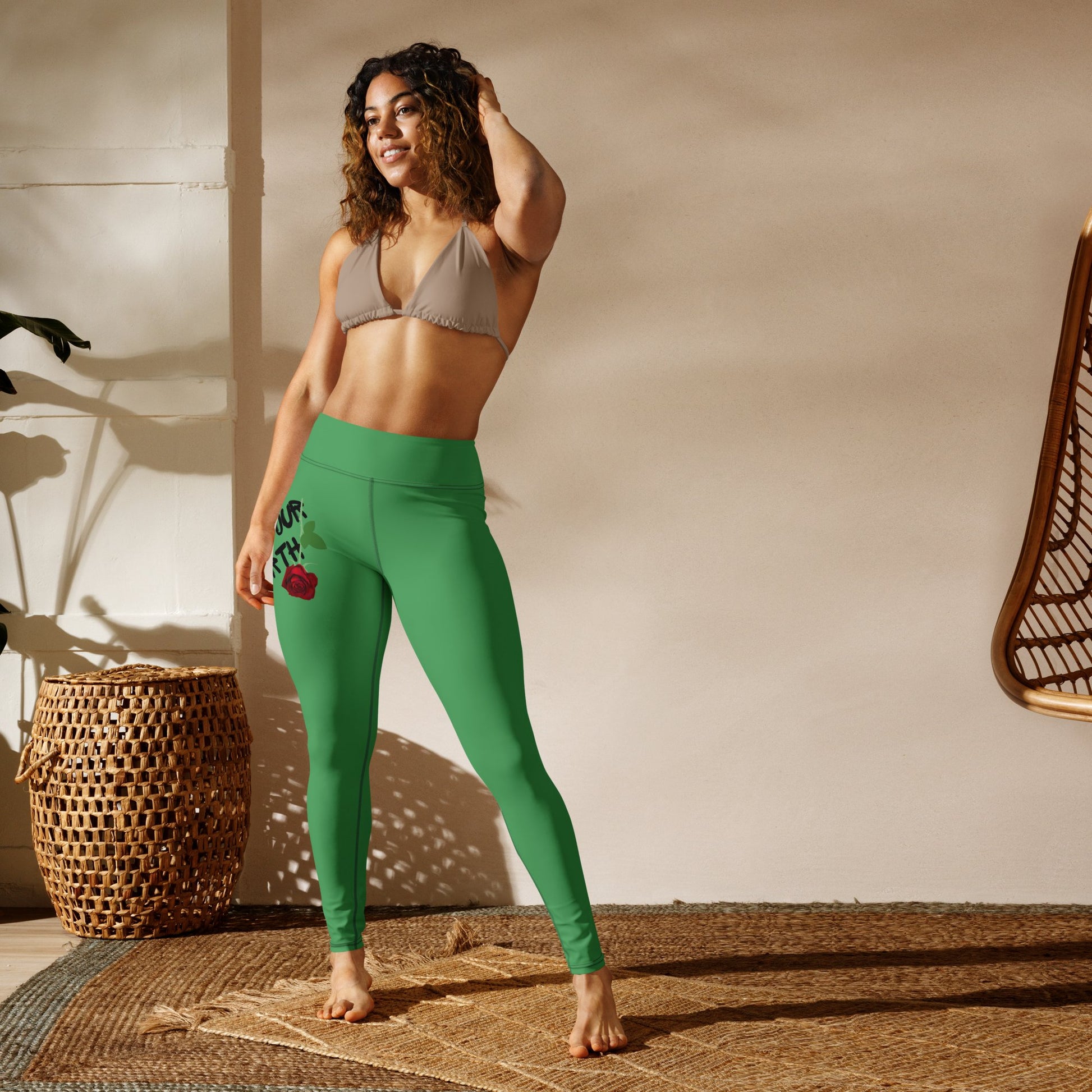 Yoga Chateau Green Rose Your Worth High Wist Leggings - Bearclothing