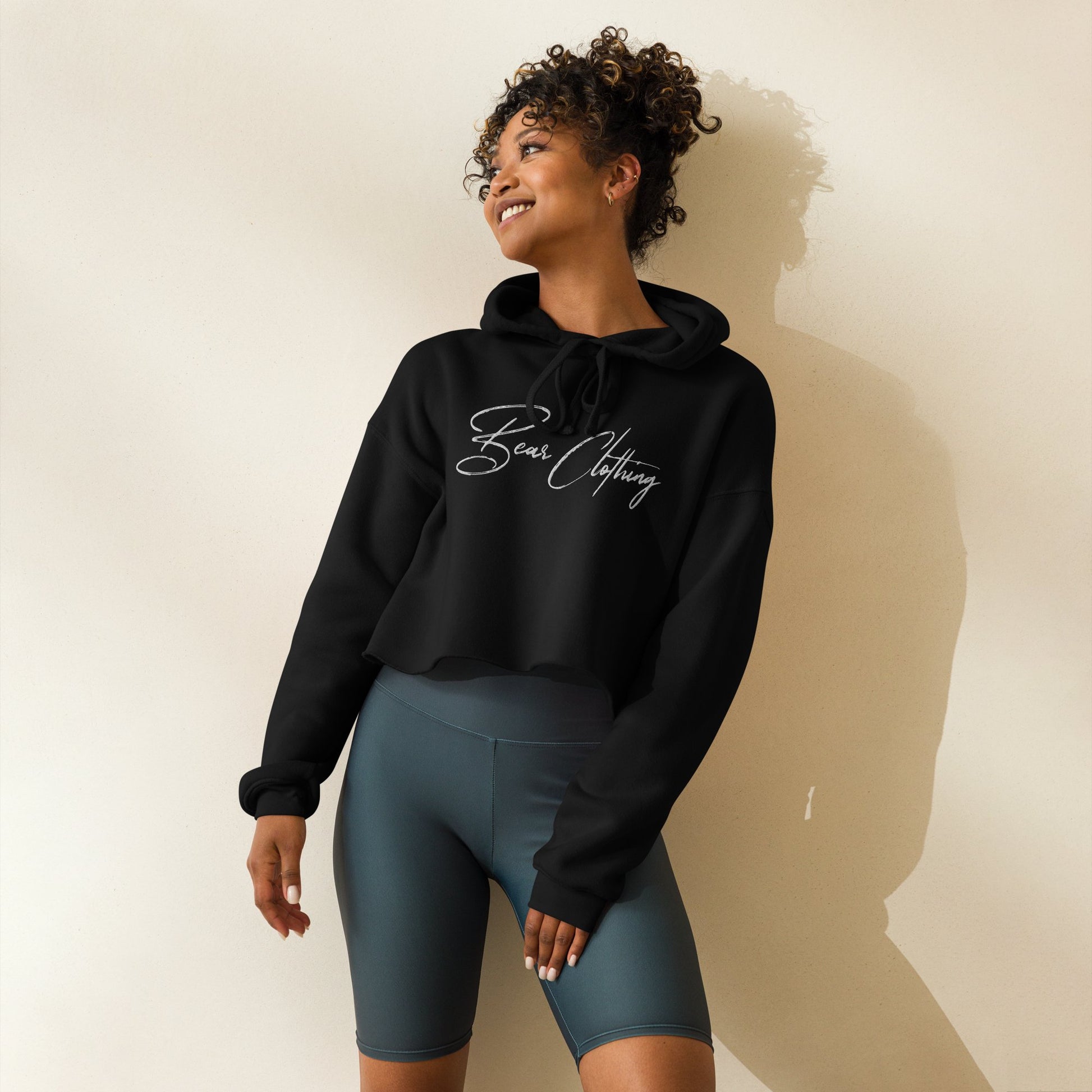 white embroidery signature print with be stronger than your excuses print in back Crop Hoodie LADIES - Bearclothing